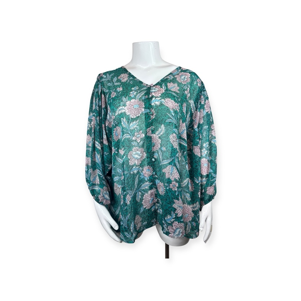 Torrid Green chiffon lurex Floral Print button front 3/4 Sleeve top size 5-5X/28